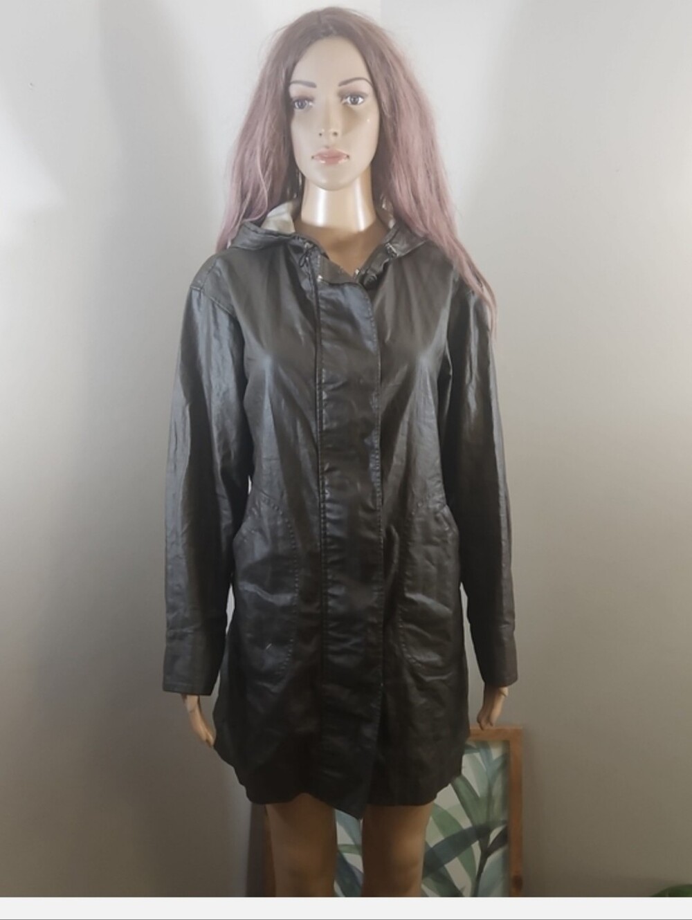 Theory Hooded Jacket Faux Leather Linen Dark Brown Long Line Windbreaker